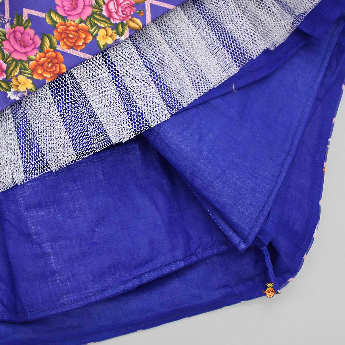 Pre Order: Layered Sleeves Blue Top And Fabric Flower Tassels Enhanced Lehenga With Purple Net Dupatta