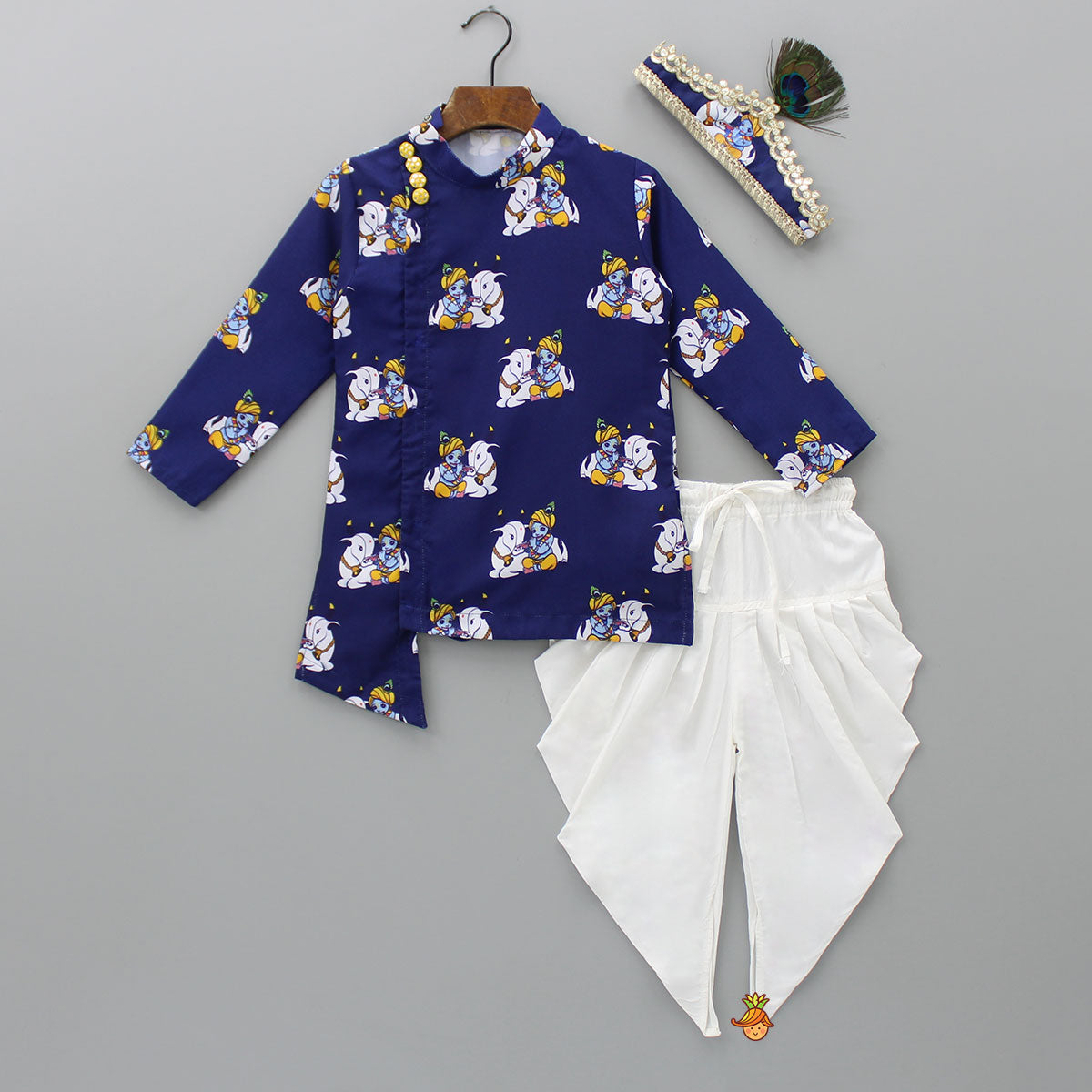 Pre Order: Krishna Printed Blue Kurta With Dhoti And Mukut