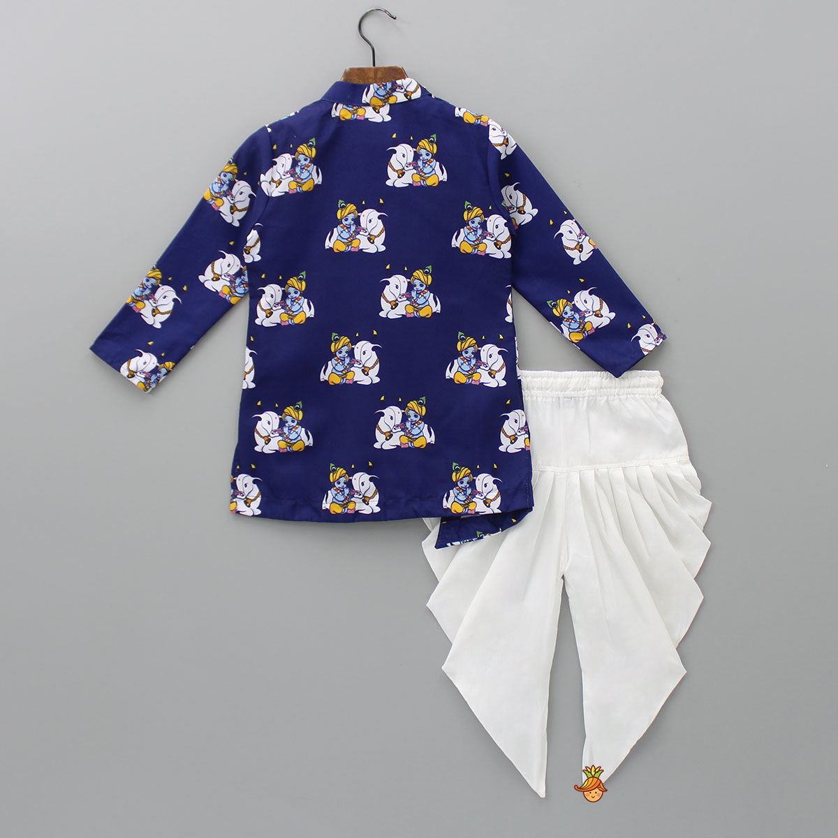 Pre Order: Krishna Printed Blue Kurta With Dhoti And Mukut