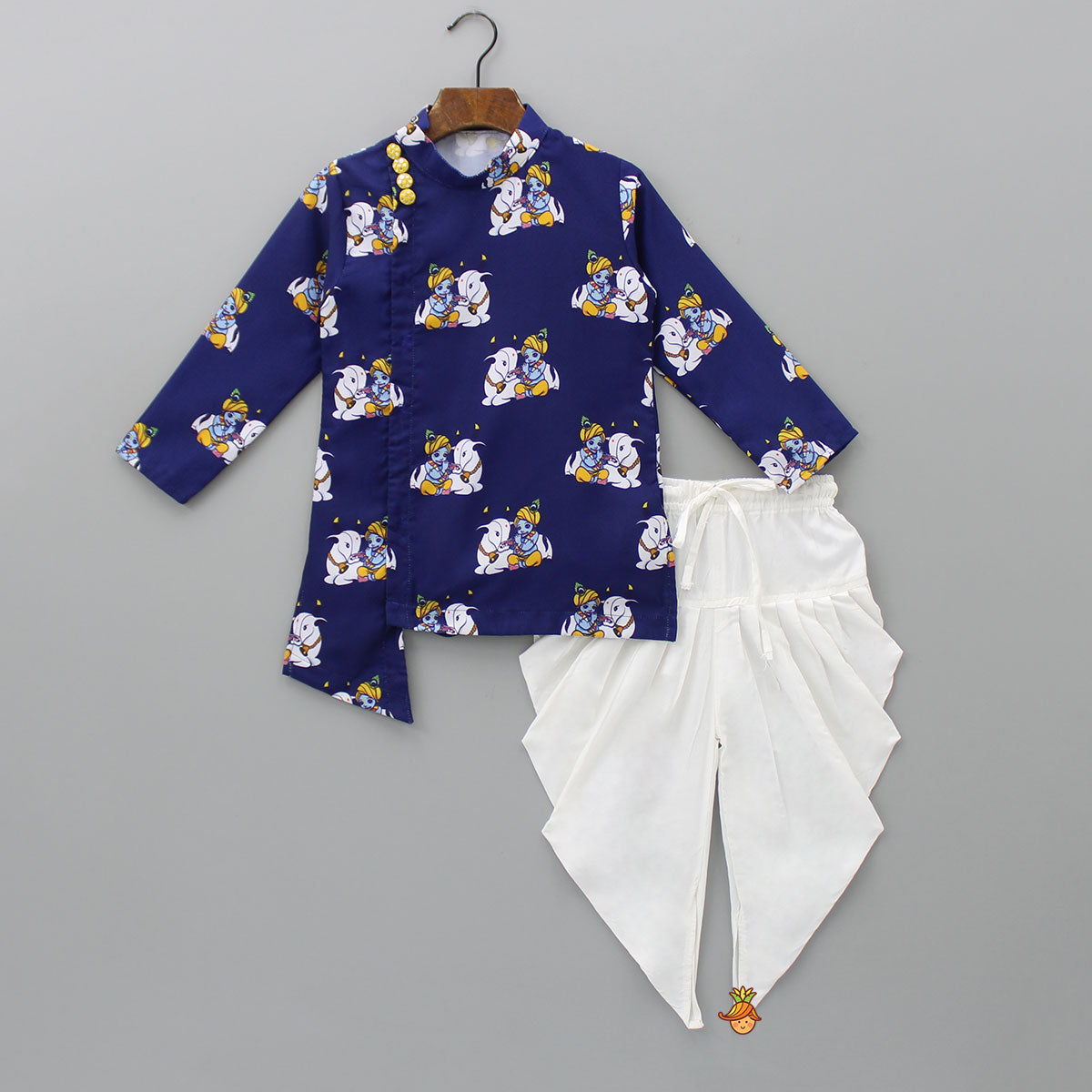 Pre Order: Krishna Printed Blue Kurta With Dhoti And Mukut