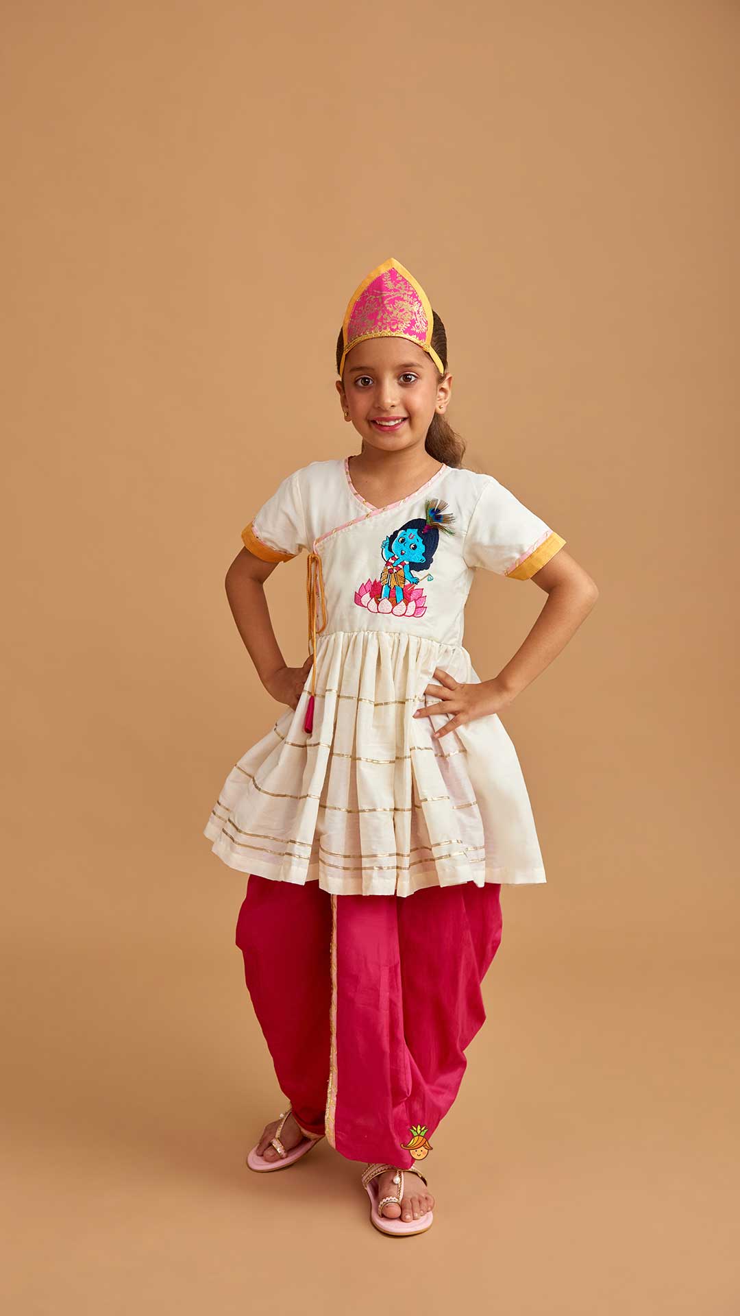 Pre Order: Krishna Embroidered Angarkha Top With Lace Work Dhoti And Mukut