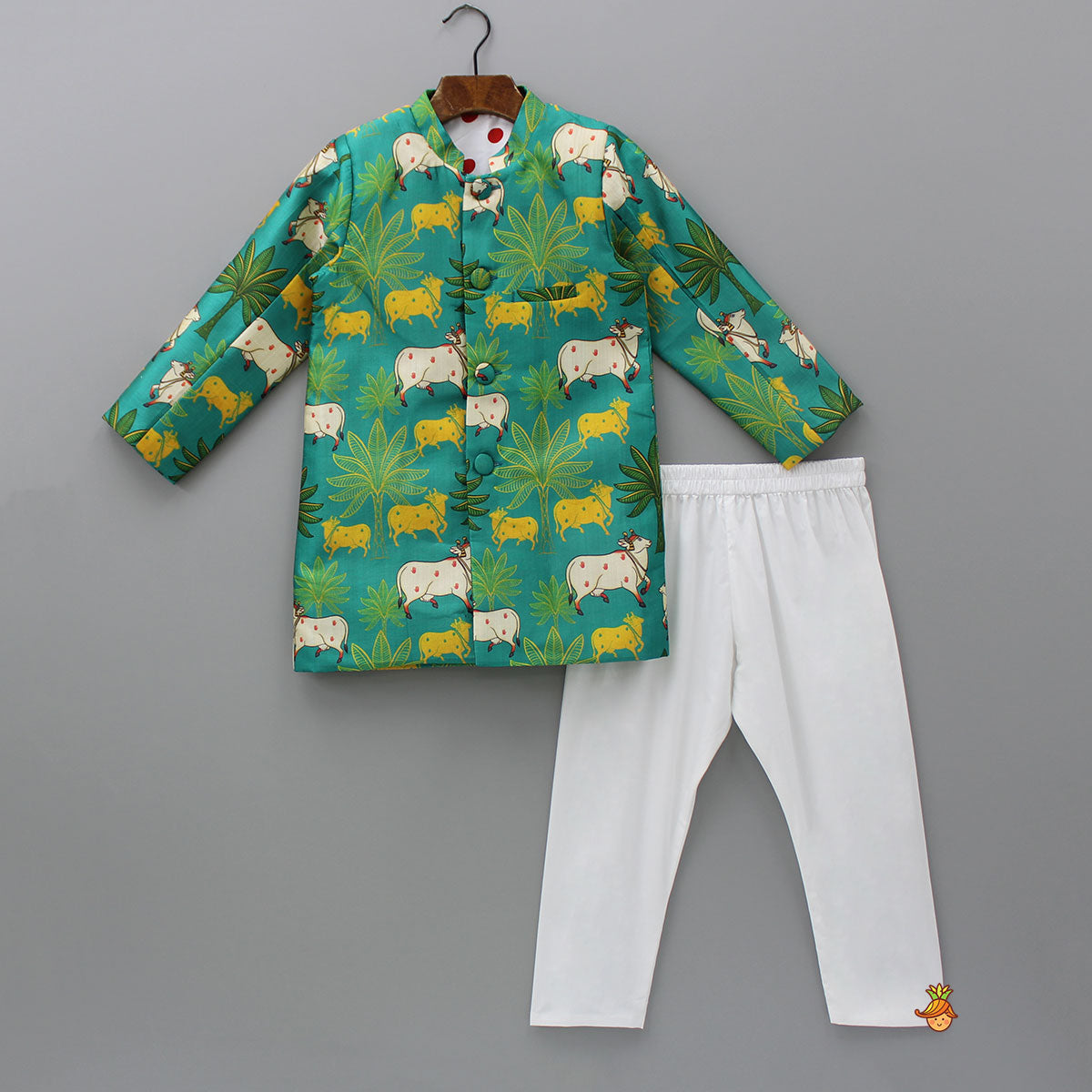 Pre Order: Cows And Tress Printed Green Sherwani With Pyjama