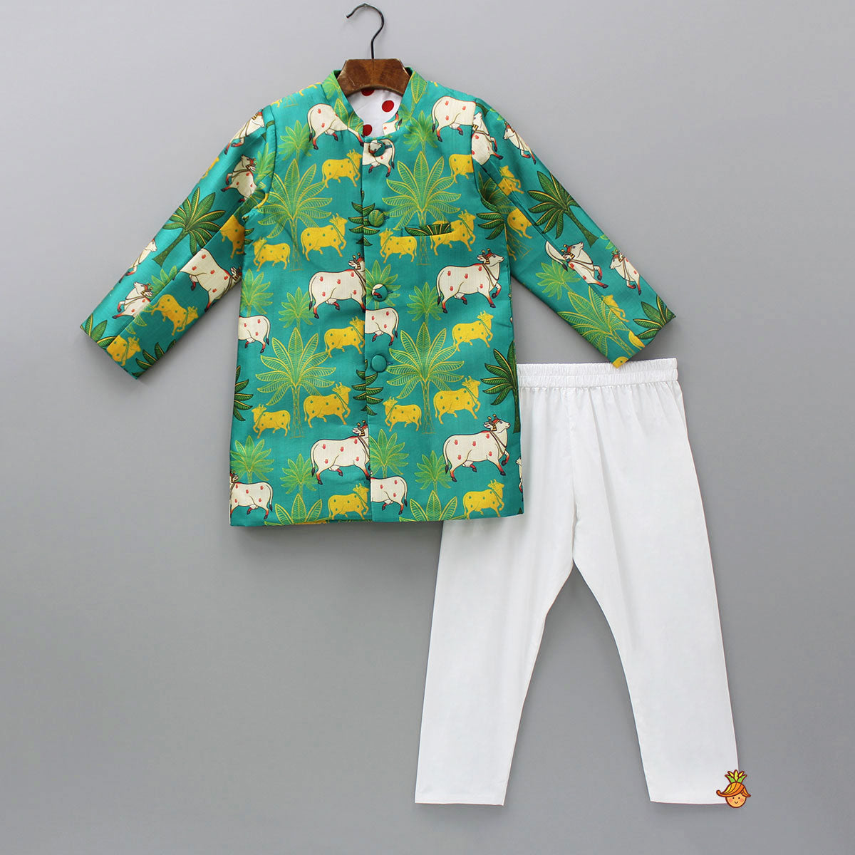 Pre Order: Cows And Tress Printed Green Sherwani With Pyjama