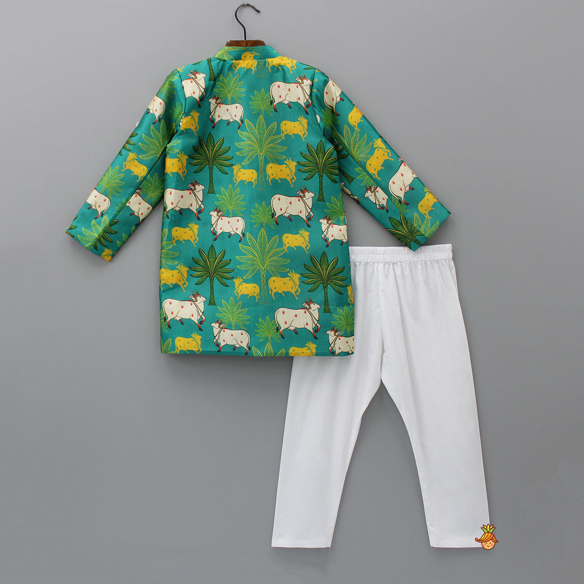 Pre Order: Cows And Tress Printed Green Sherwani With Pyjama