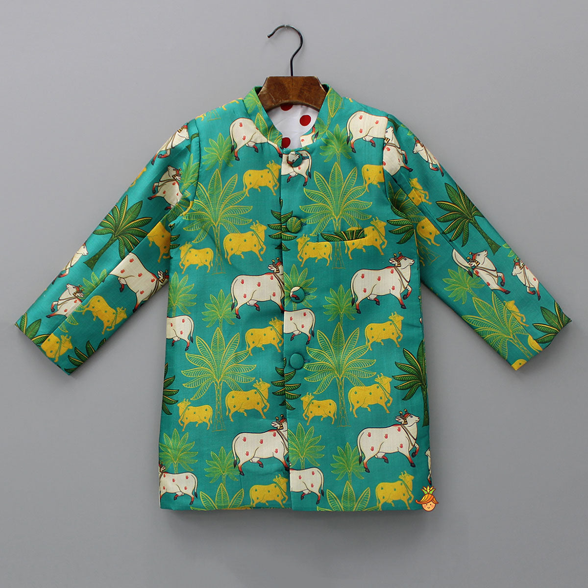 Pre Order: Cows And Tress Printed Green Sherwani With Pyjama