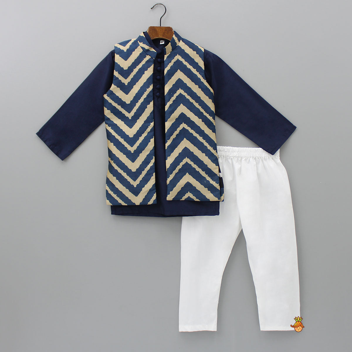 Pre Order: Blue Kurta With Chevron Printed Jacket And Pyjama