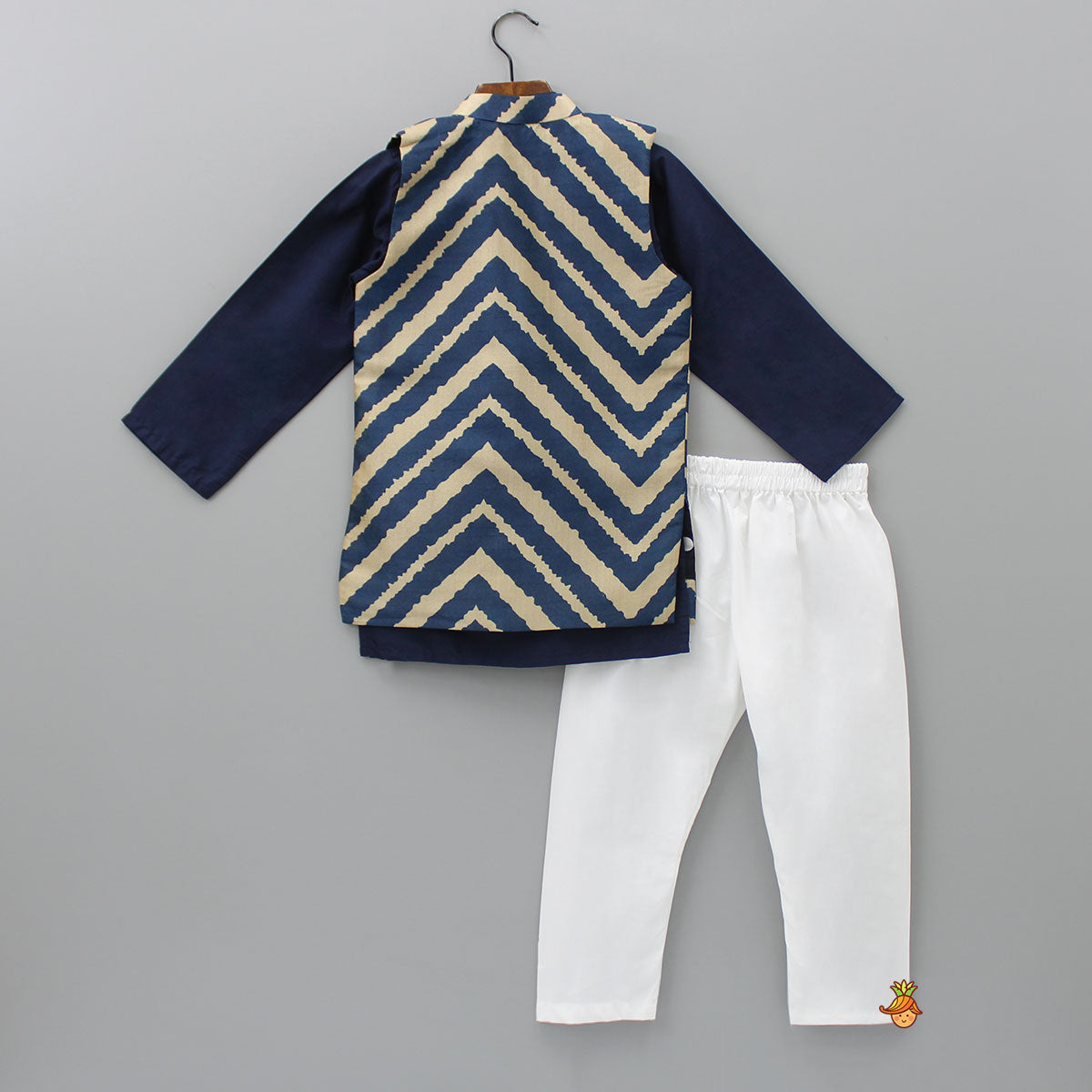 Pre Order: Blue Kurta With Chevron Printed Jacket And Pyjama