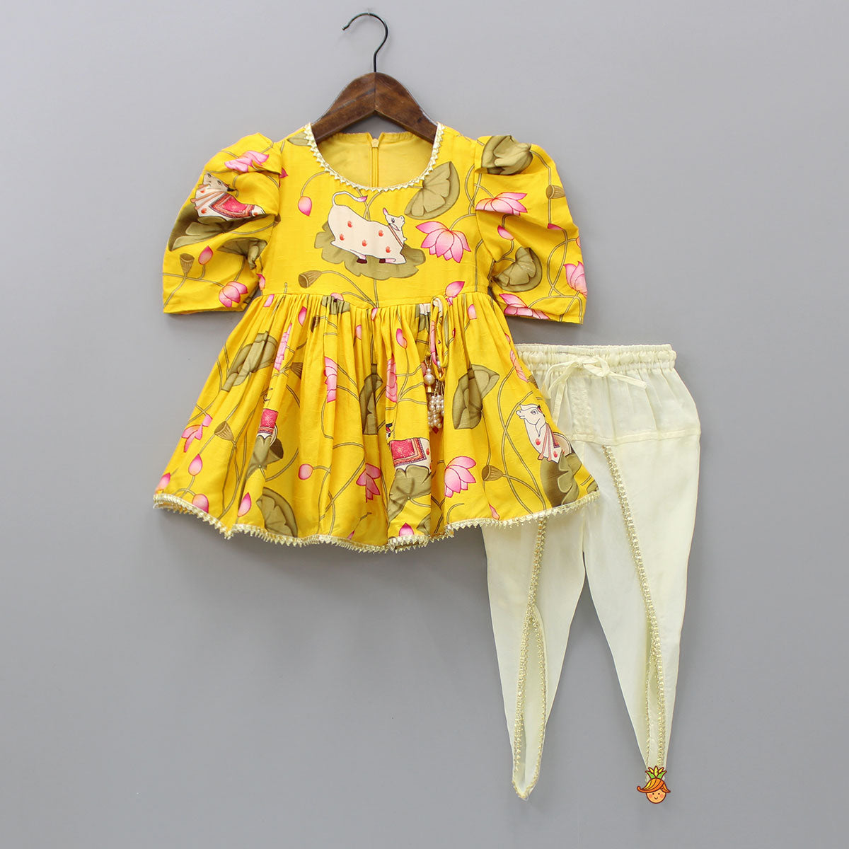 Pre Order: Printed Puffed Sleeves Yellow Peplum Top With Tulip Pant