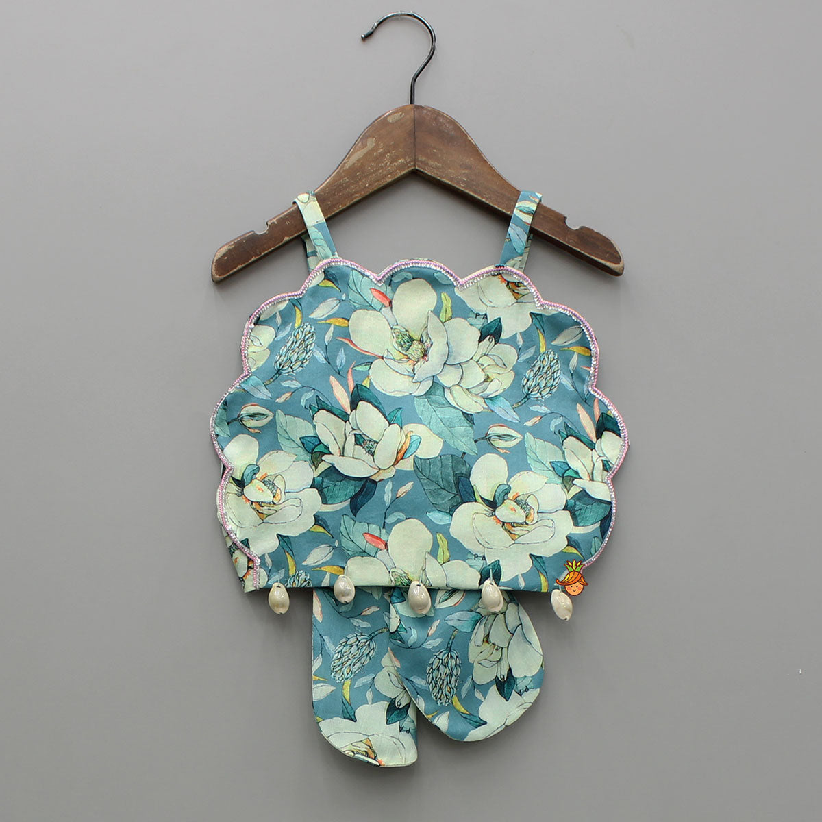 Pre Order: Floral Printed Scalloped Shaped Yoke Top With Lehenga