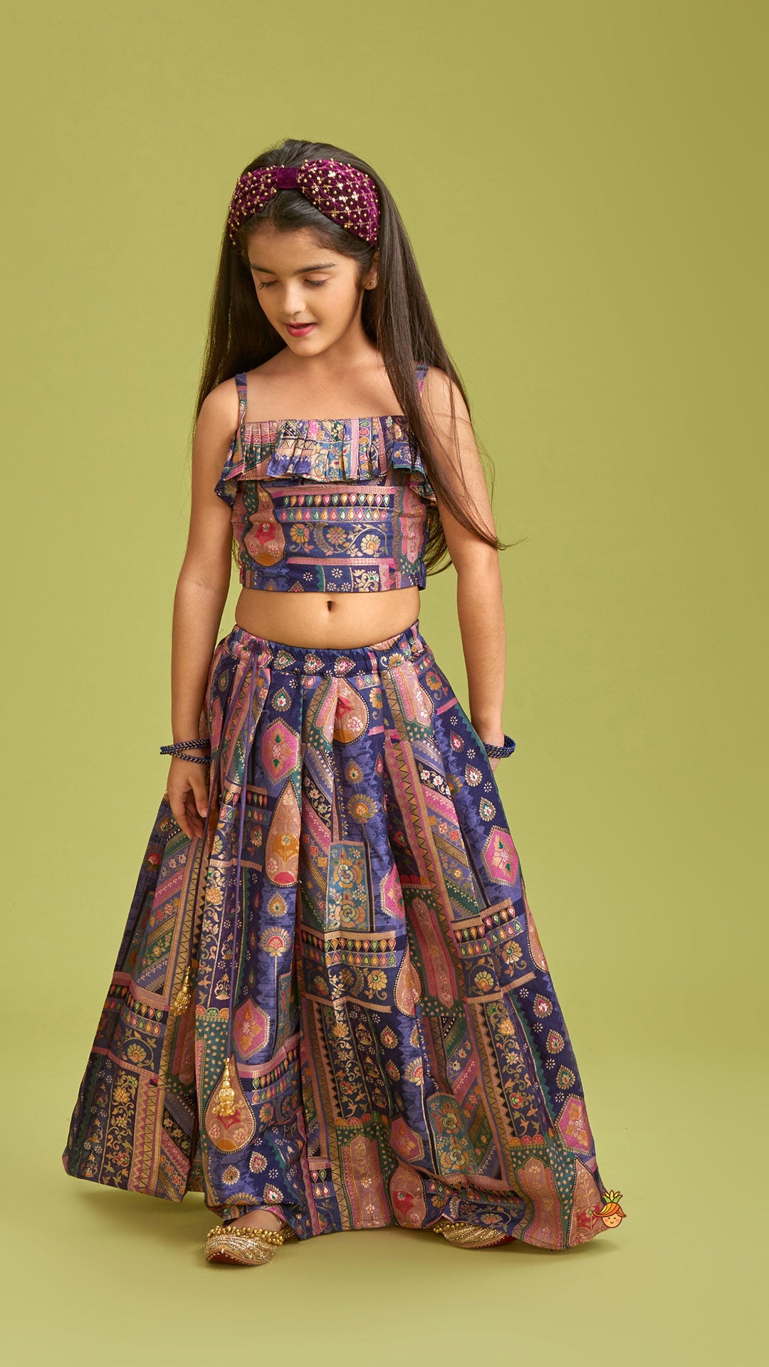 Multicolour Embroidered Pleated Top And Lehenga With Net Dupatta