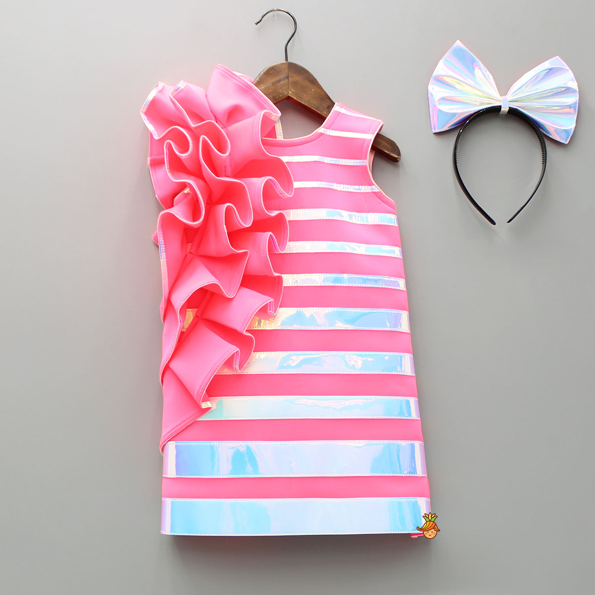 Pre Order Pink Holographic Ruffle Dress With Bow Hair Band