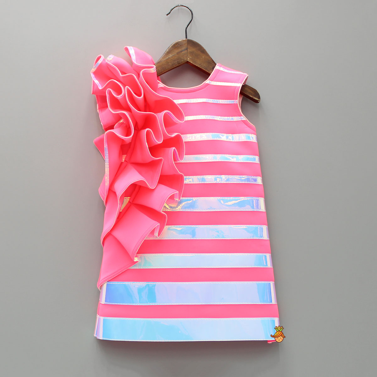 Pre Order: Pink Holographic Ruffle Dress With Bow Hair Band