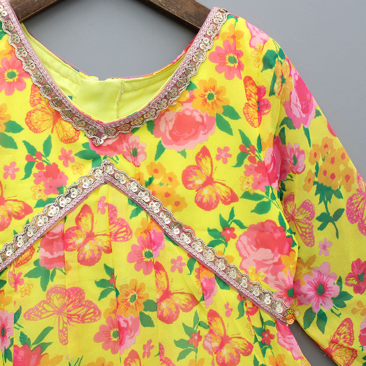 Yellow Floral Printed Flared Long Kurti