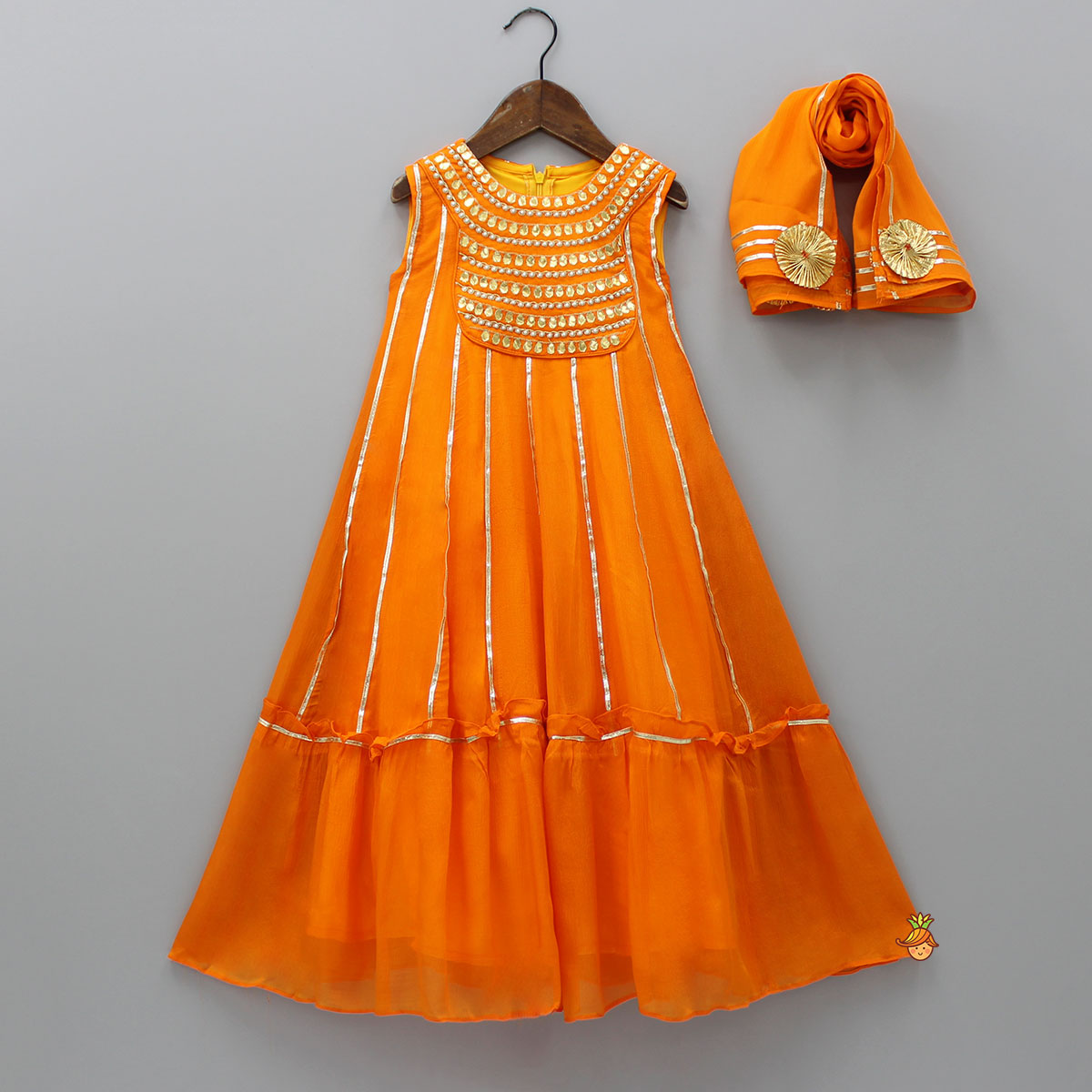 Pre Order: Elegant Shiny Orange Flared Anarkali With Matching Dupatta