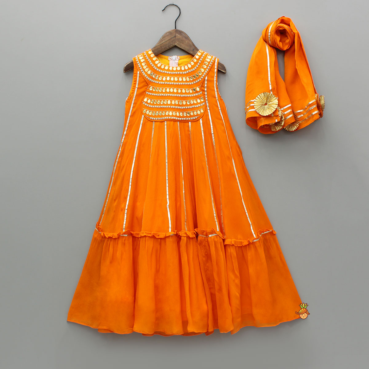 Pre Order: Elegant Shiny Orange Flared Anarkali With Matching Dupatta