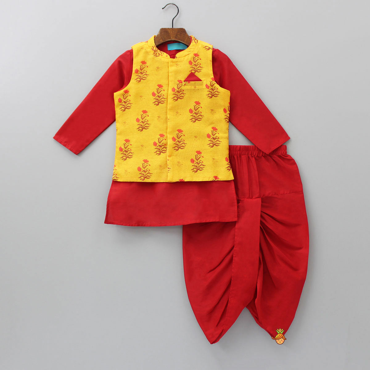 Elegant Red Kurta With Floral Printed Pocket Square Jacket And Dhoti