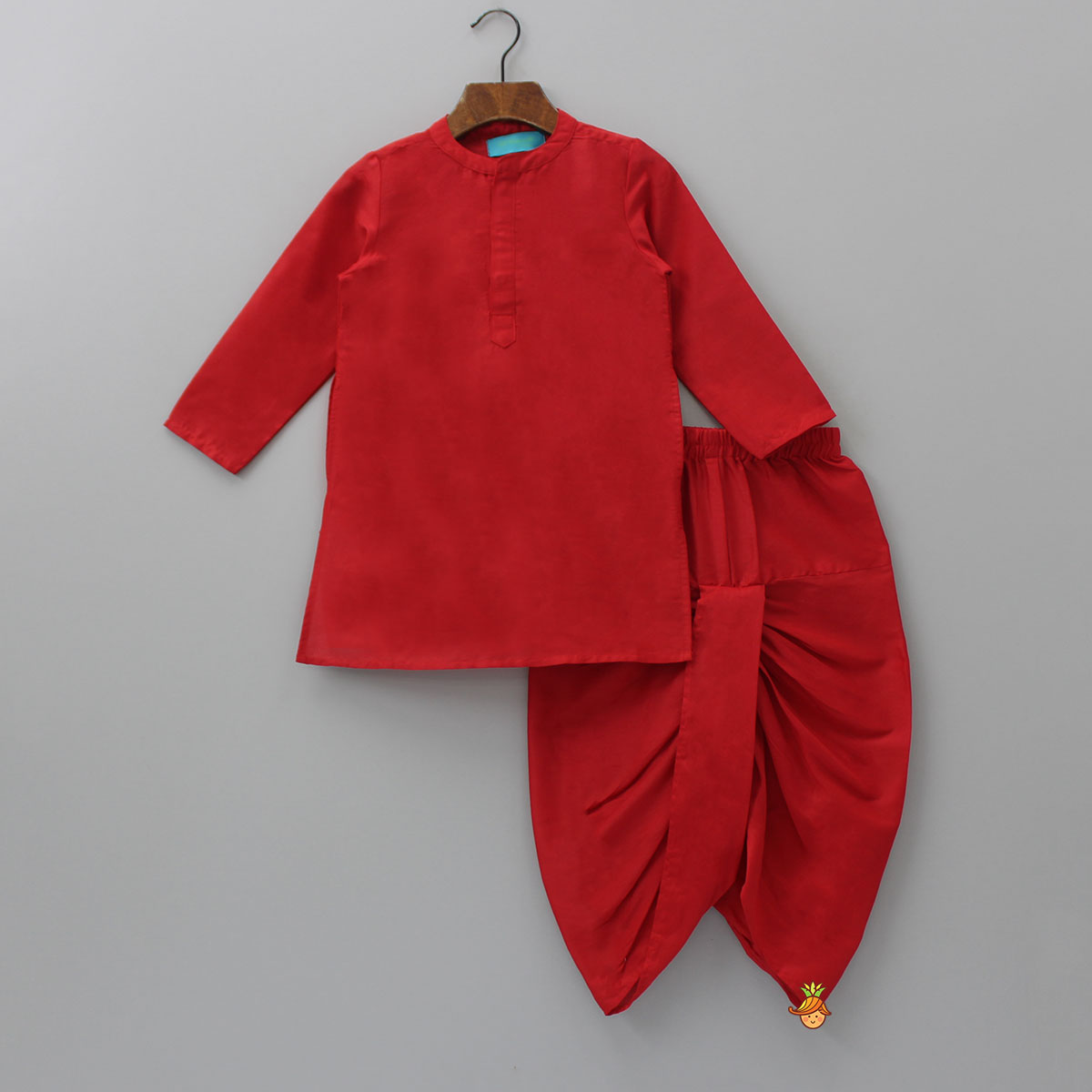 Elegant Red Kurta With Floral Printed Pocket Square Jacket And Dhoti