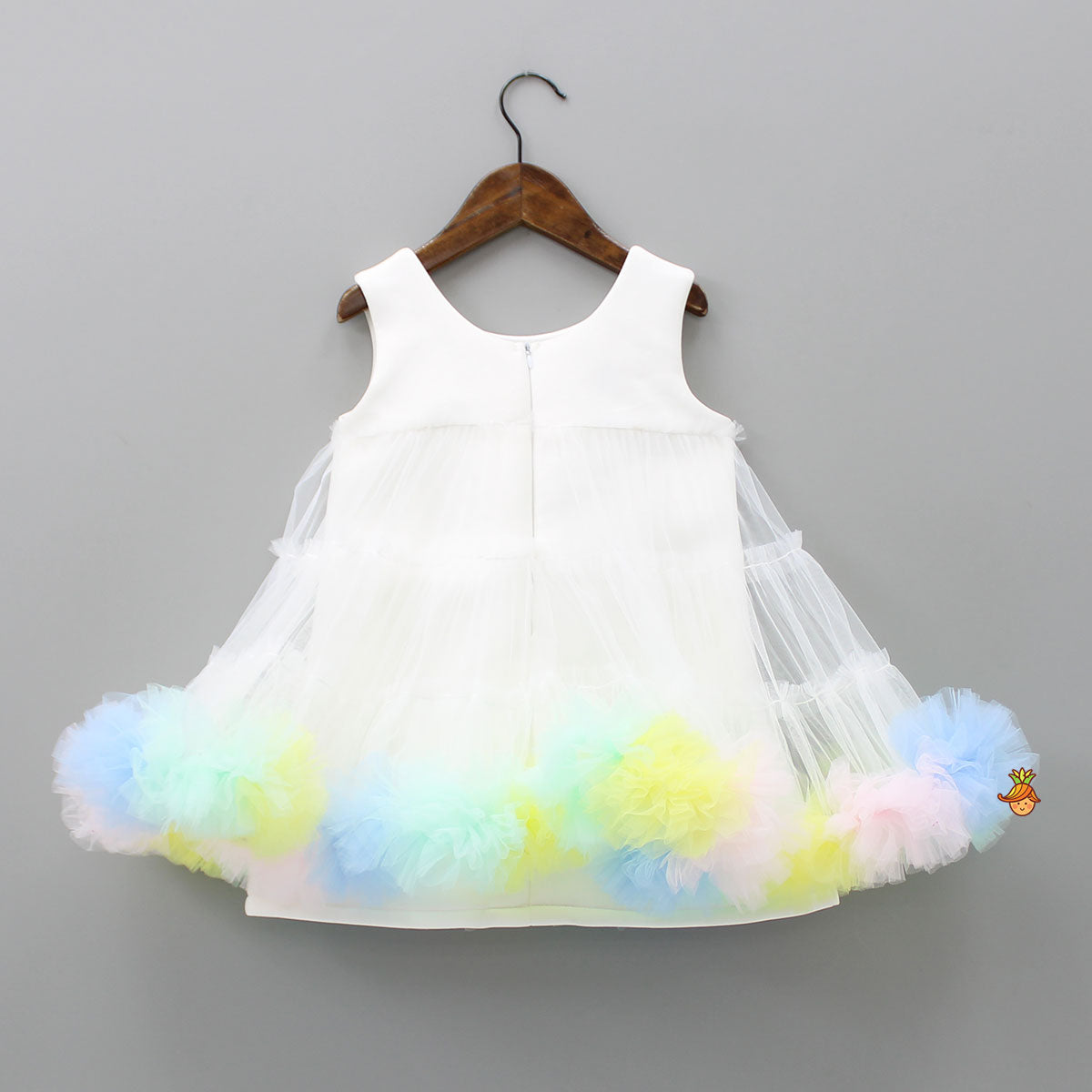 Pre Order: White Dress With Multicolour Ruffled Hem And Matching Bowie Hair Band