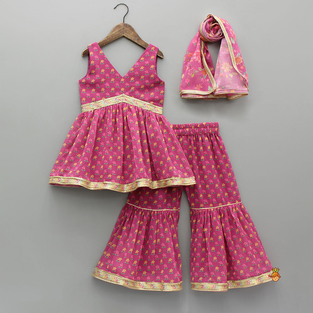 Pre Order: Floral Printed Lace Detailed Kurti And Sharara With Matching Dupatta