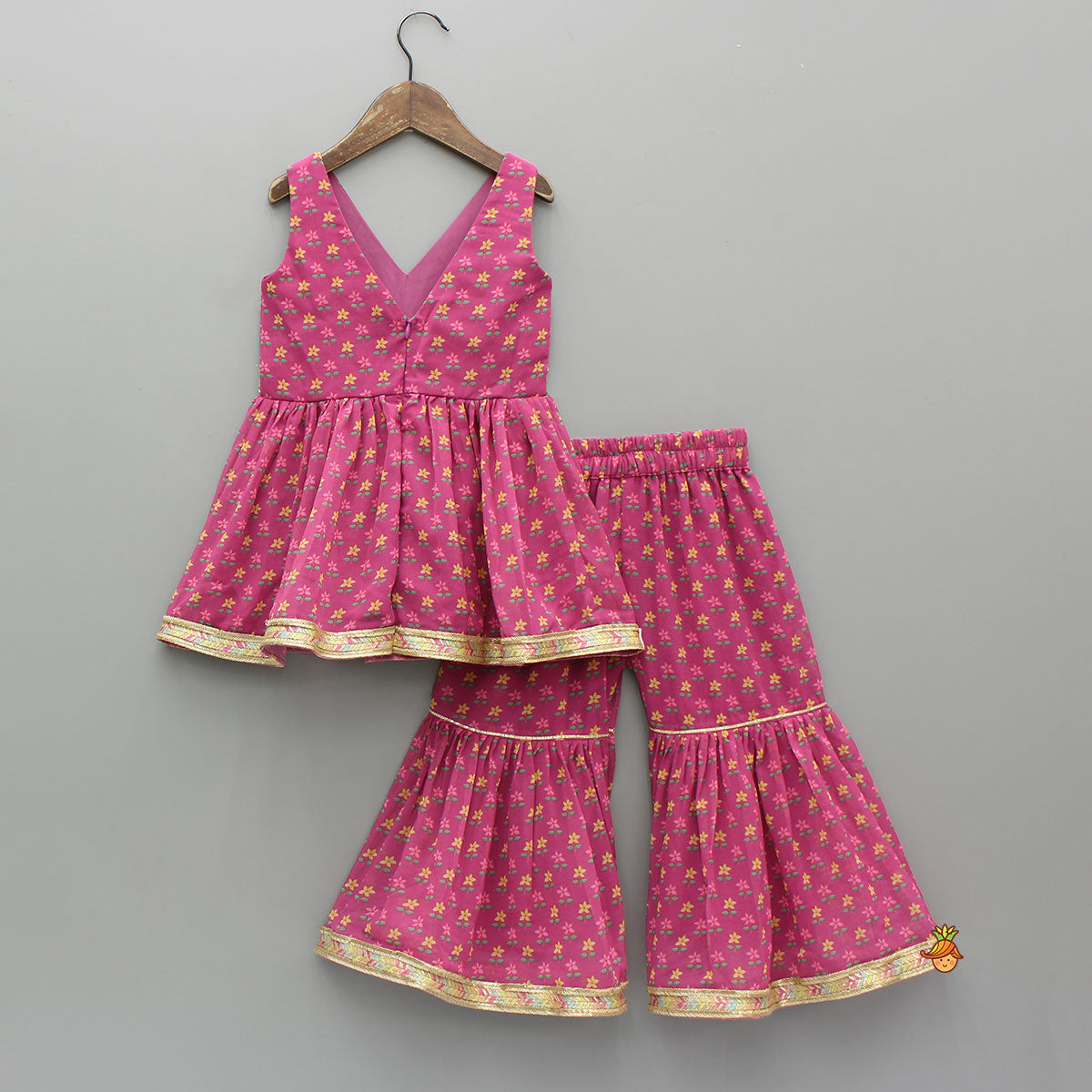 Pre Order: Floral Printed Lace Detailed Kurti And Sharara With Matching Dupatta