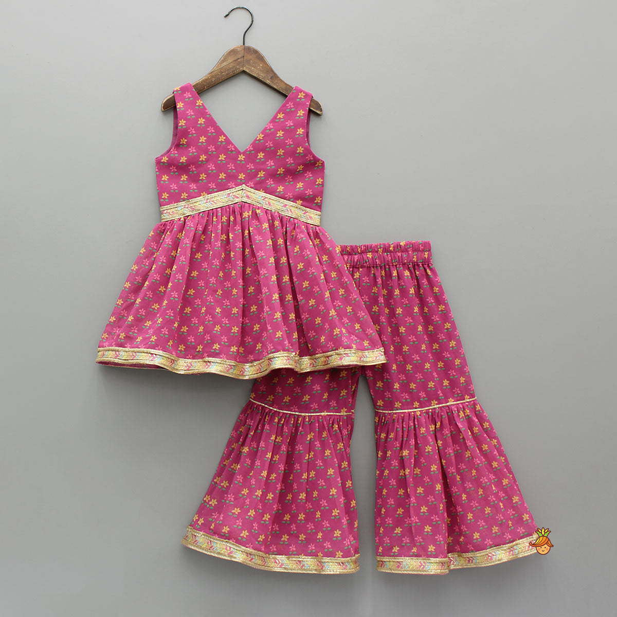 Pre Order: Floral Printed Lace Detailed Kurti And Sharara With Matching Dupatta