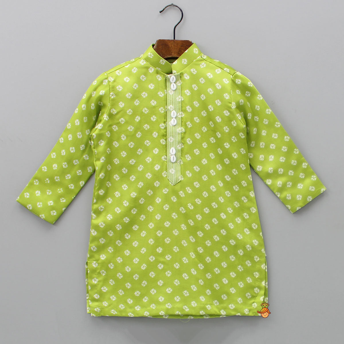 Pre Order: Ethnic Bandhani Printed Green Kurta With Off White Salwar