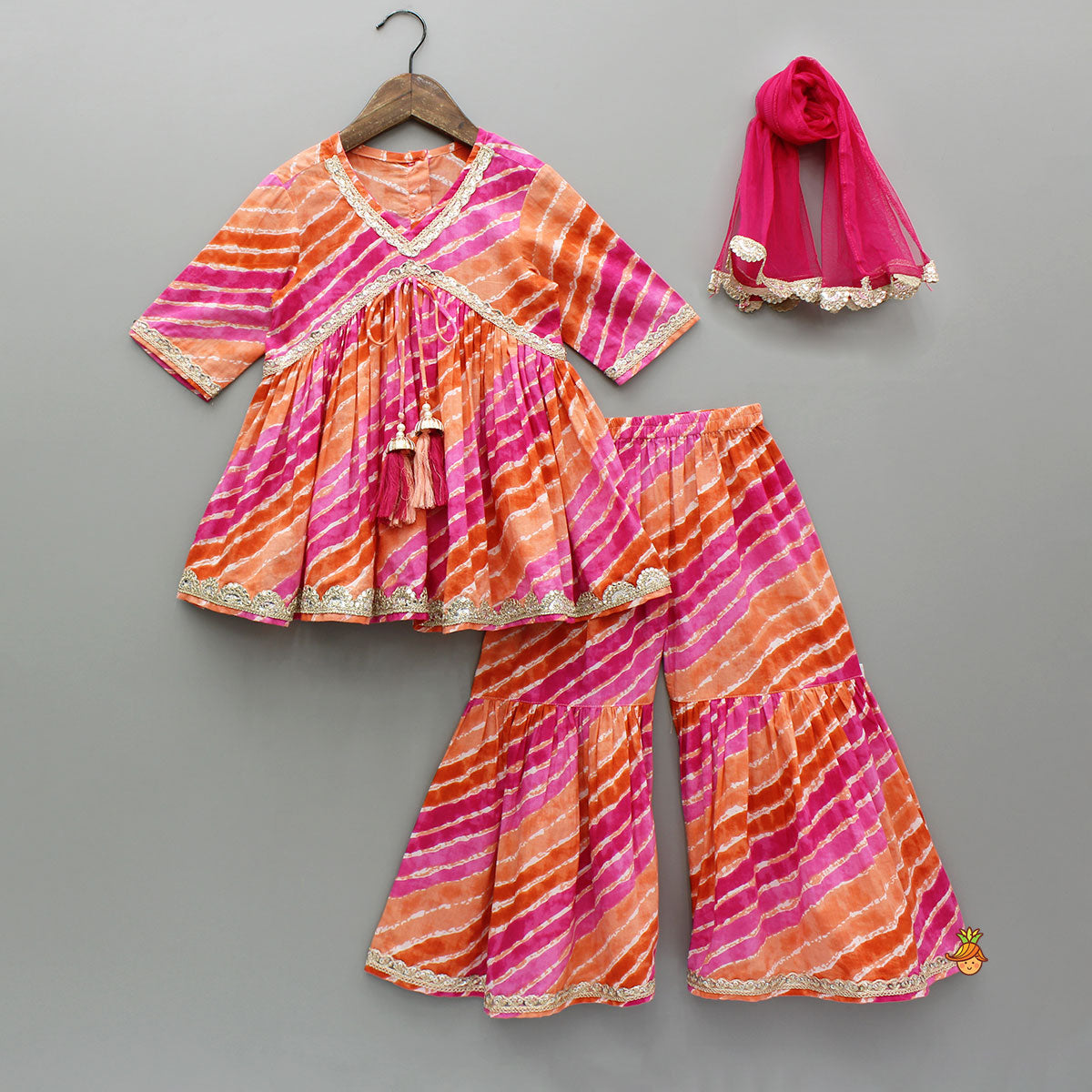Pre Order: Multicolour Leheriya Printed Kurti With Lace Work Sharara And Dupatta