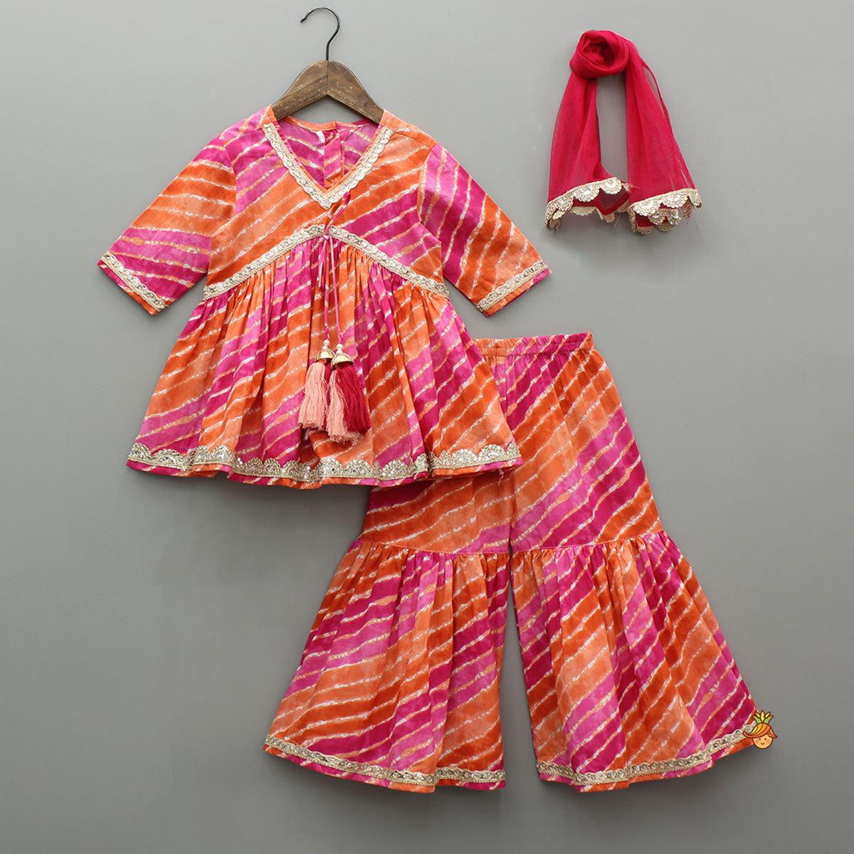 Pre Order: Multicolour Leheriya Printed Kurti With Lace Work Sharara And Dupatta