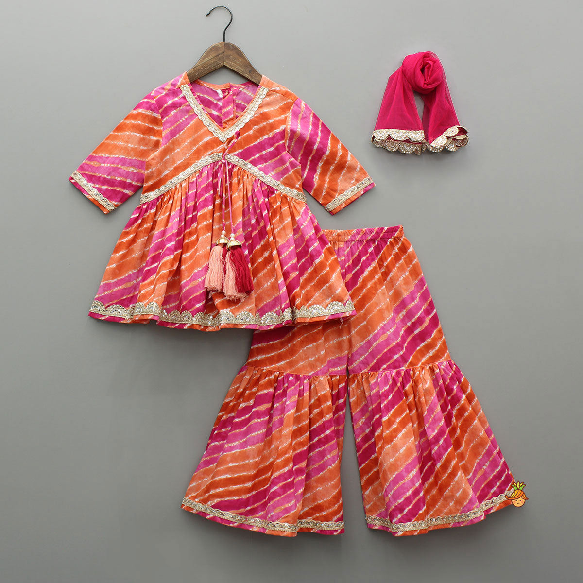 Pre Order: Multicolour Leheriya Printed Kurti With Lace Work Sharara And Dupatta