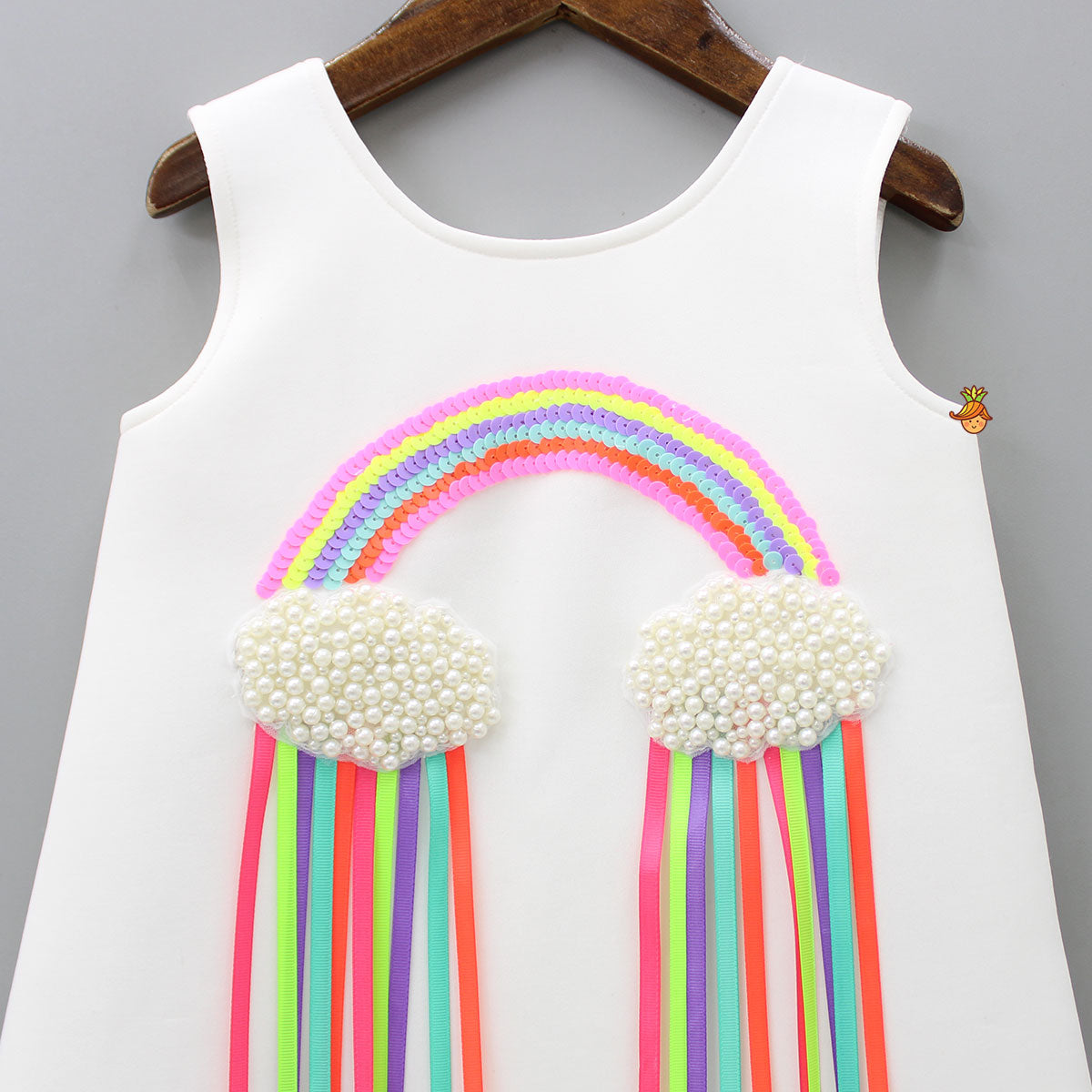 Pre Order: Sequins Rainbow Embroidered White Dress With Bowie Hair Clip