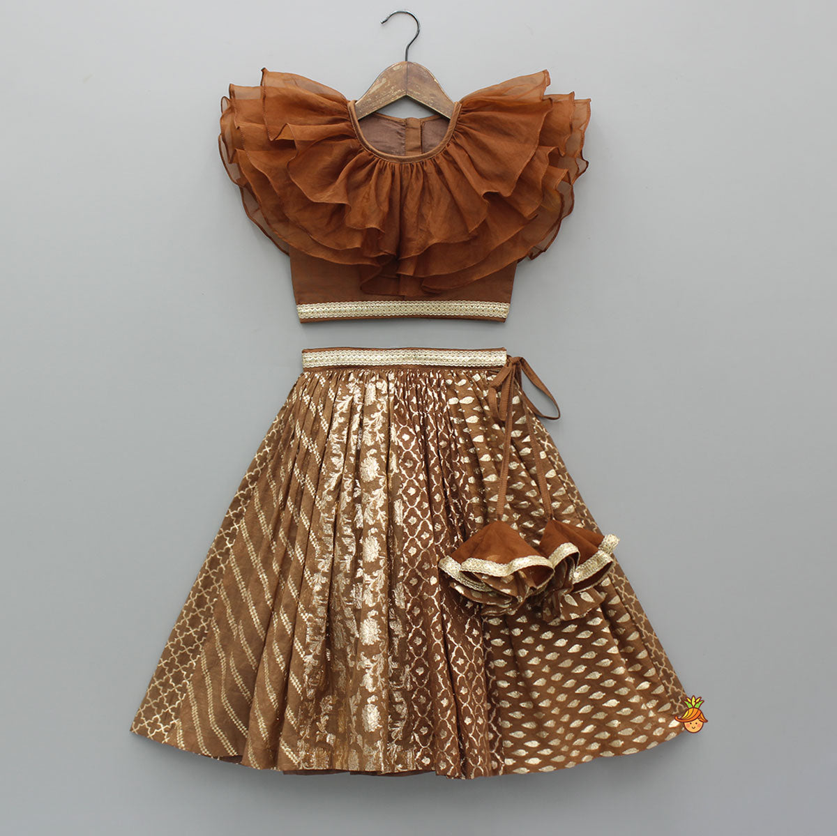 Pre Order: Organza Triple Layered Flap Brown Top And Zari Embroidered Lehenga