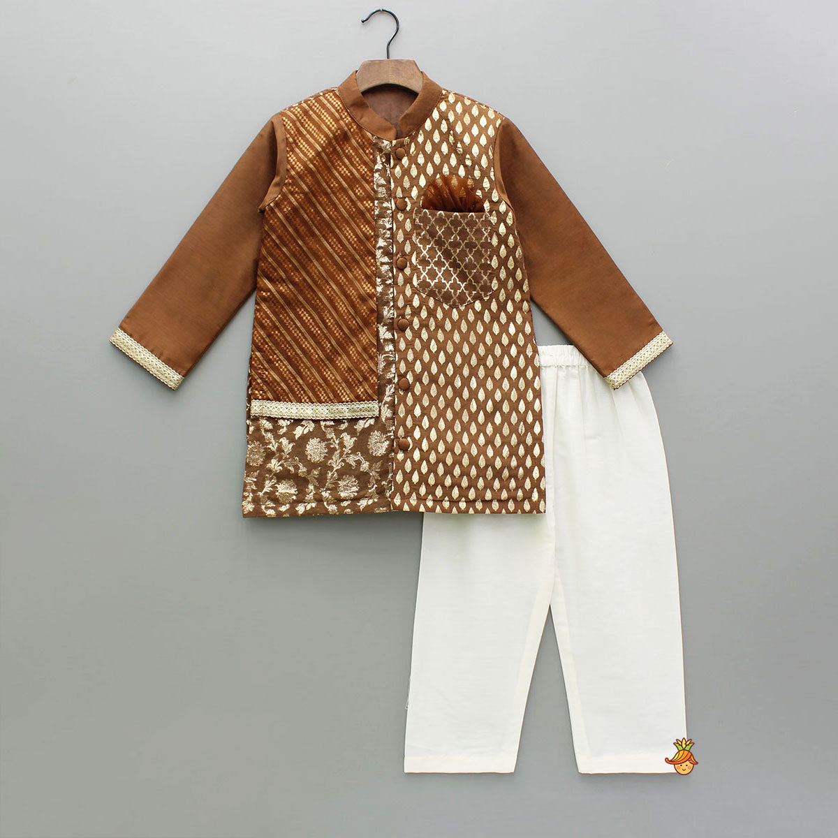 Pre Order: Ethnic Embroidered Brown Kurta With Pyjama