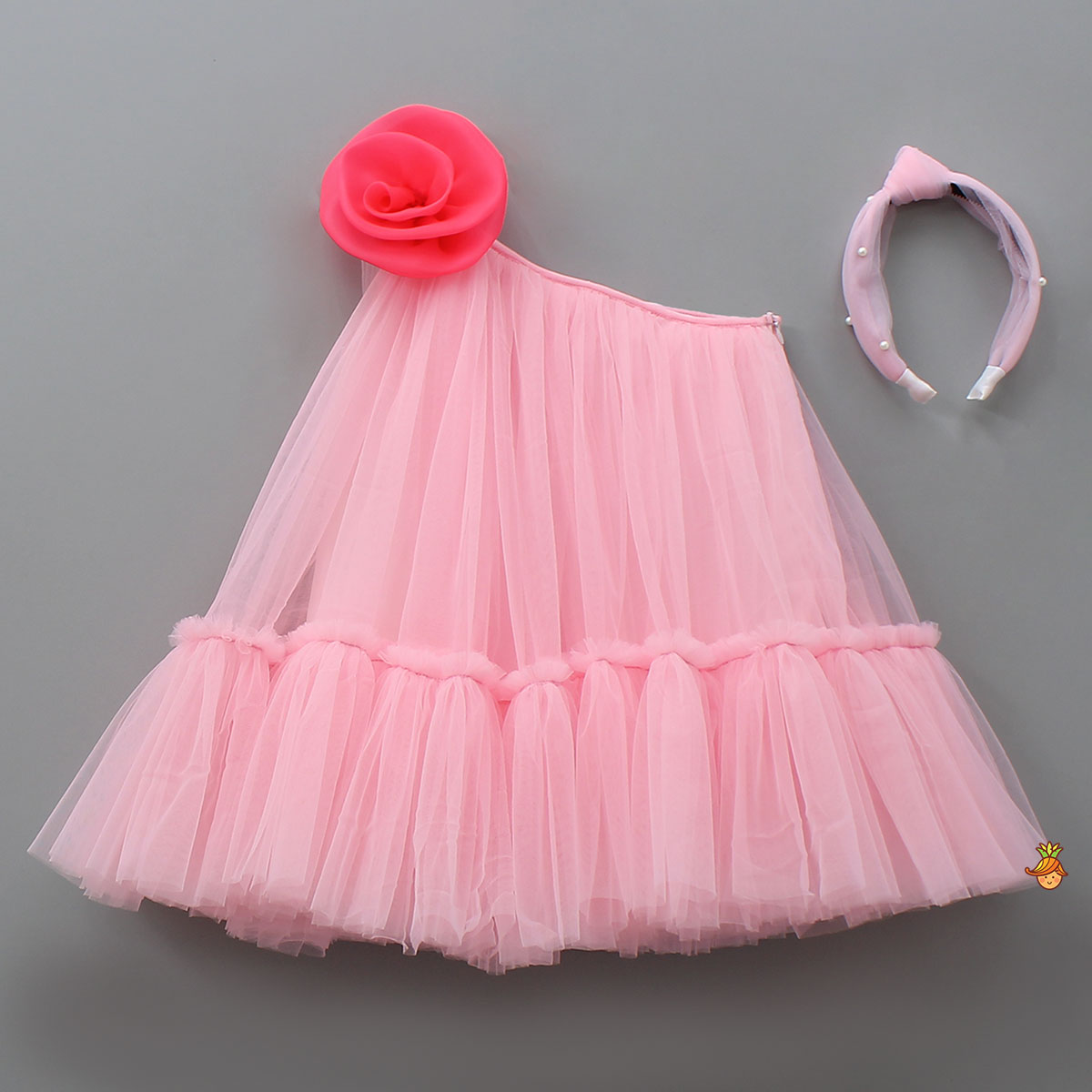 Pre Order: Swirled Flower Enhanced Pink One Shoulder Dress With Hair Band