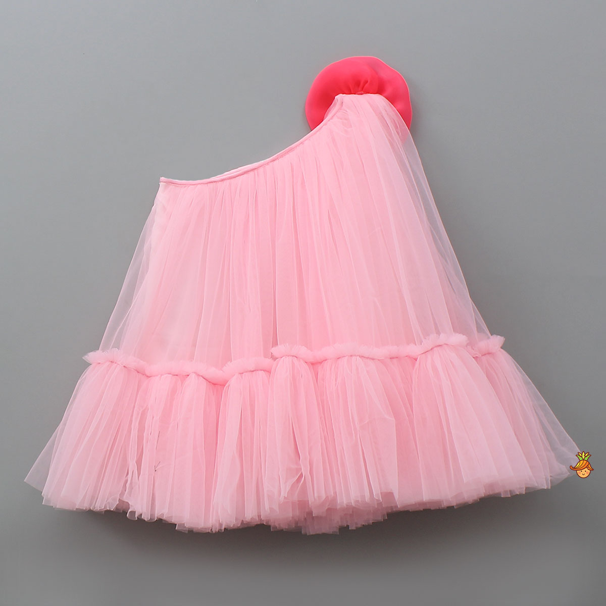 Pre Order: Swirled Flower Enhanced Pink One Shoulder Dress With Hair Band