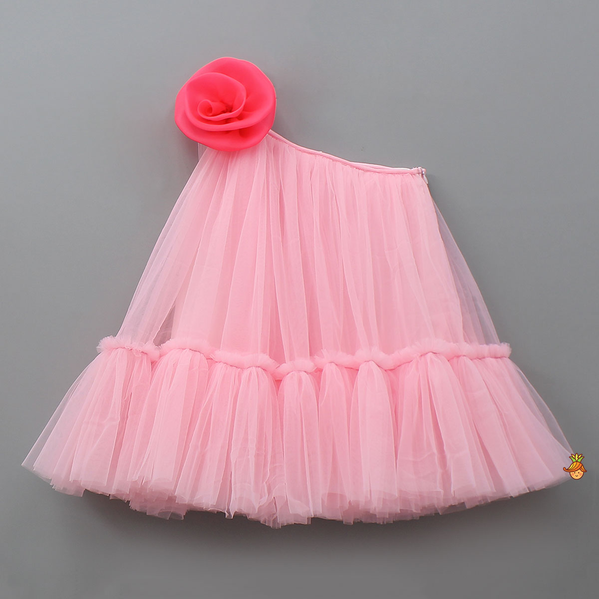 Pre Order: Swirled Flower Enhanced Pink One Shoulder Dress With Hair Band