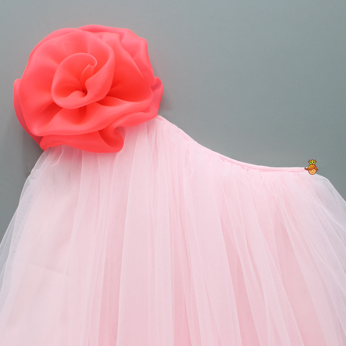 Pre Order: Swirled Flower Enhanced Pink One Shoulder Dress With Hair Band