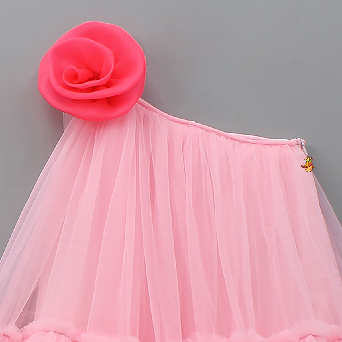 Pre Order: Swirled Flower Enhanced Pink One Shoulder Dress With Hair Band