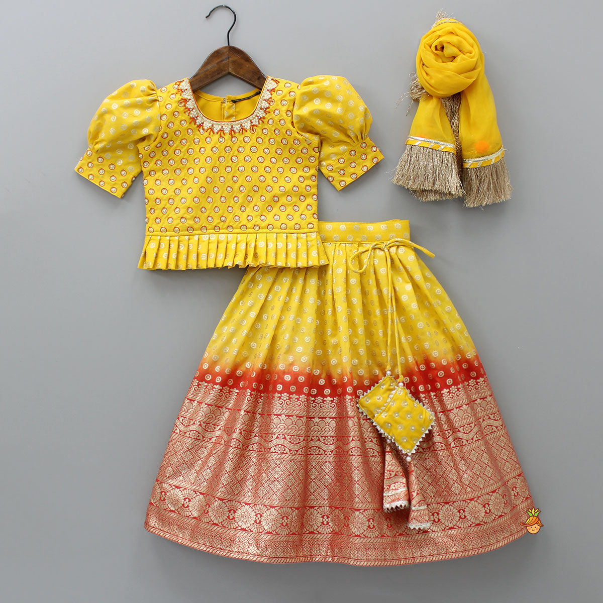 Pre Order: Splendid Embroidered Yellow Top With Lehenga And Fringed Lace Dupatta