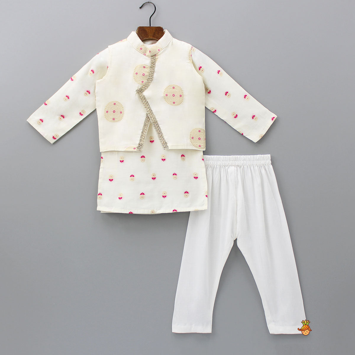 Pre Order: Embroidered Off White Kurta And Jacket With Pyjama