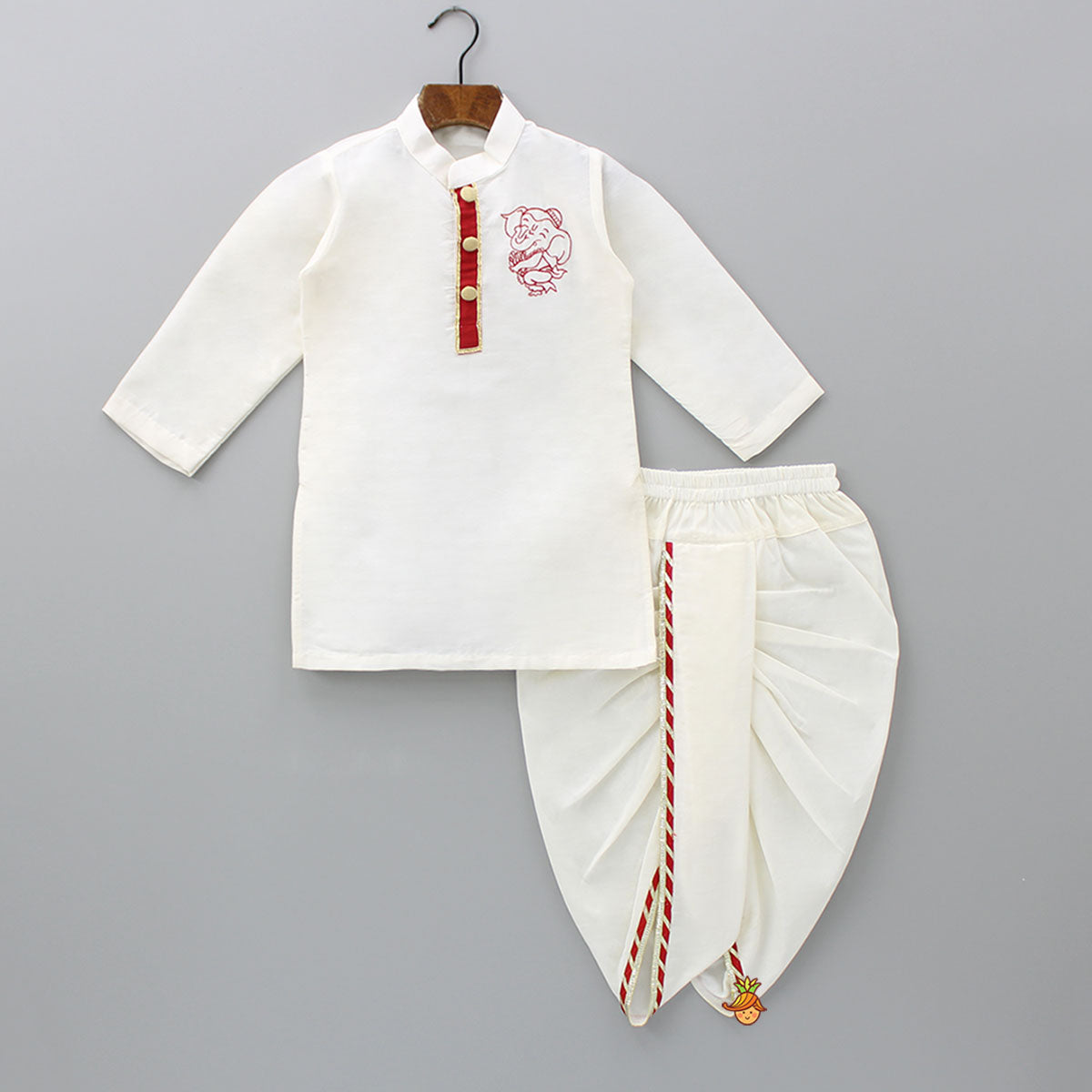 Pre Order: Ganesha Embroidered Off White Kurta And Dhoti