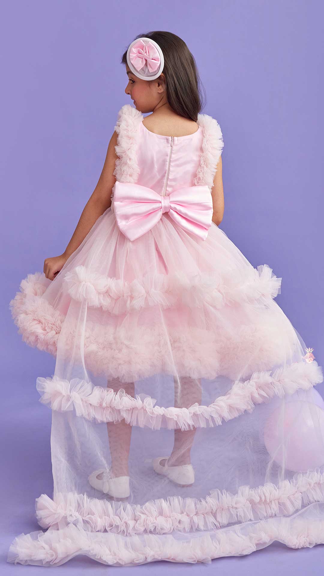 Pre Order: Pink Frilled Flared Dress With Detachable Bow And Trail With Head Band