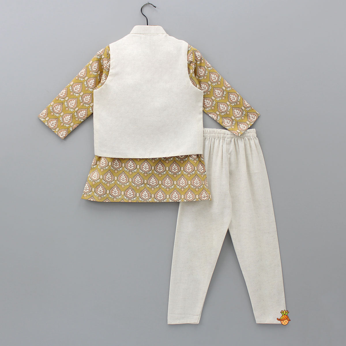 Motifs Printed Mustard Kurta With Jacket And Pyjama