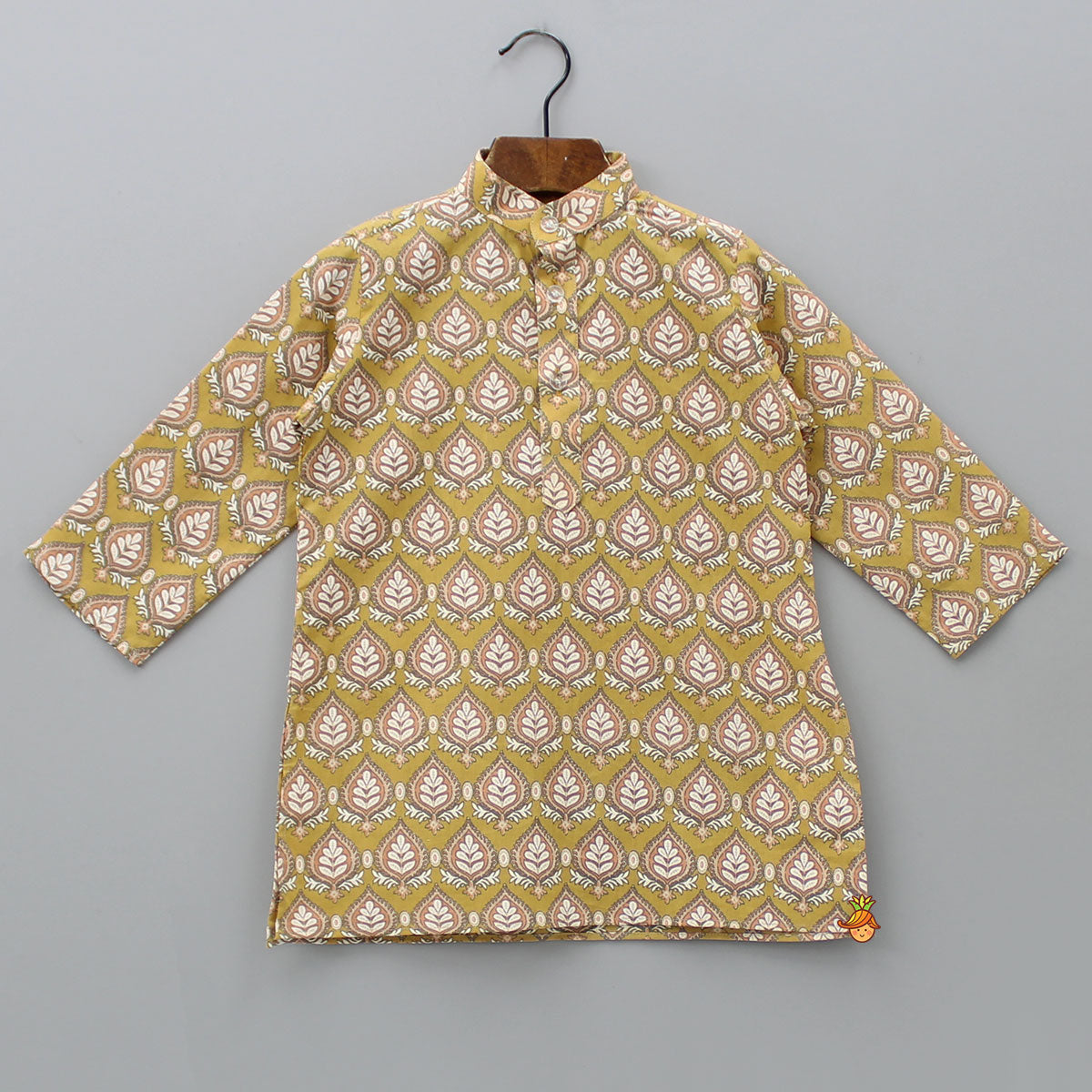 Motifs Printed Mustard Kurta With Jacket And Pyjama