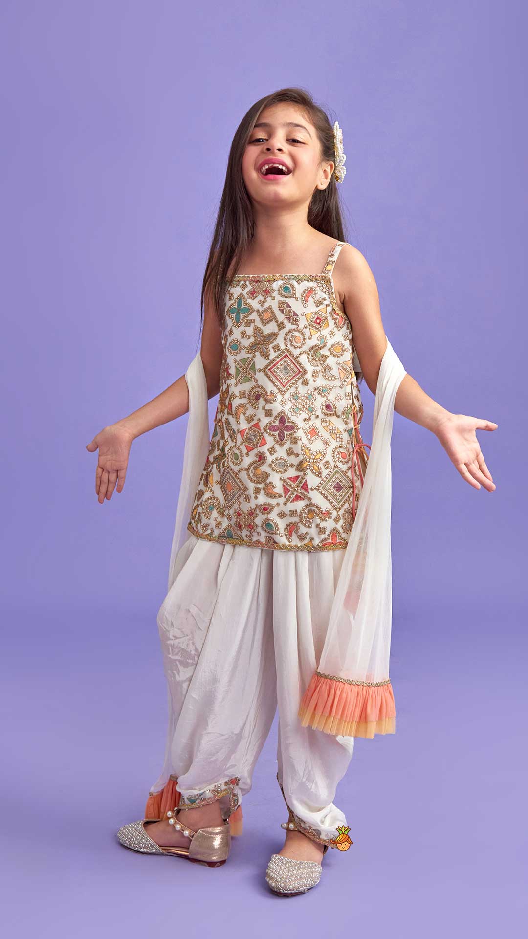 Pre Order: Stylish Embroidered Top With Dhoti And Net Dupatta