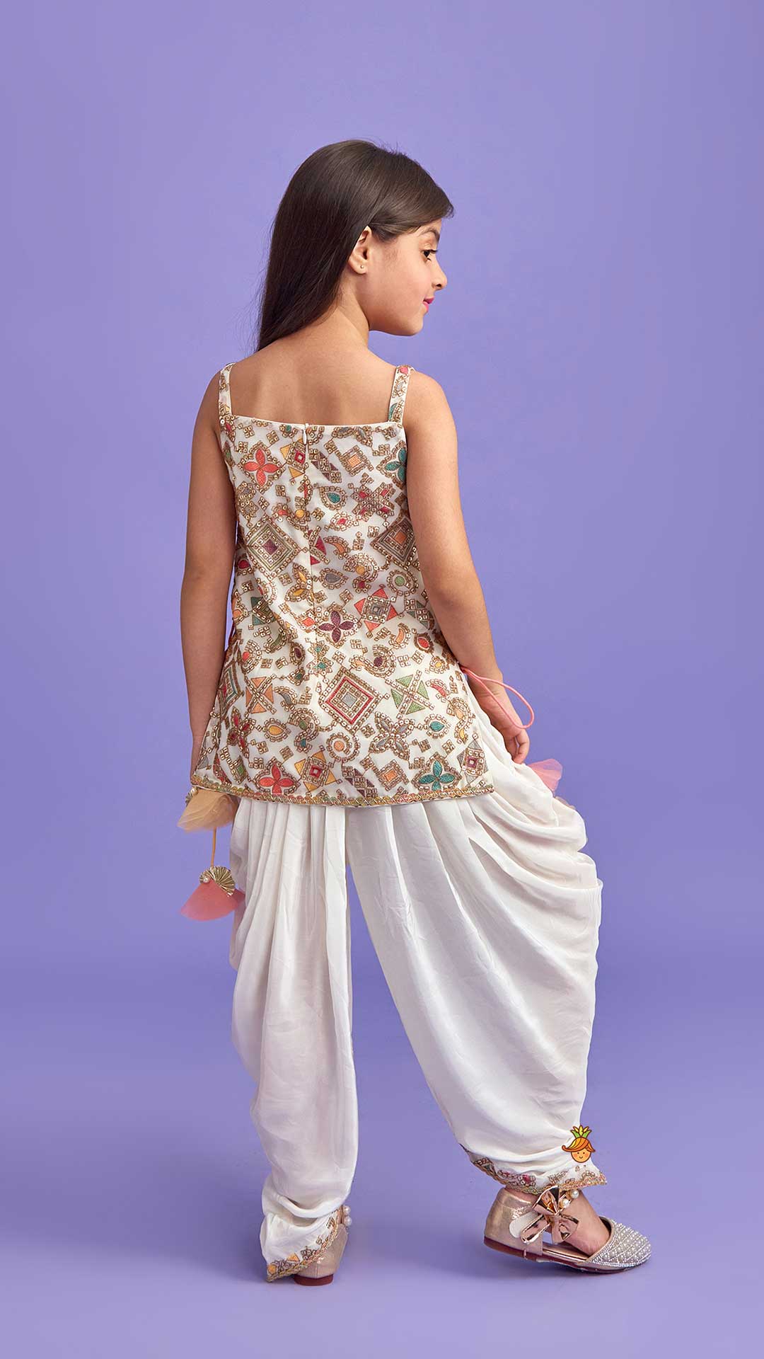 Pre Order: Stylish Embroidered Top With Dhoti And Net Dupatta