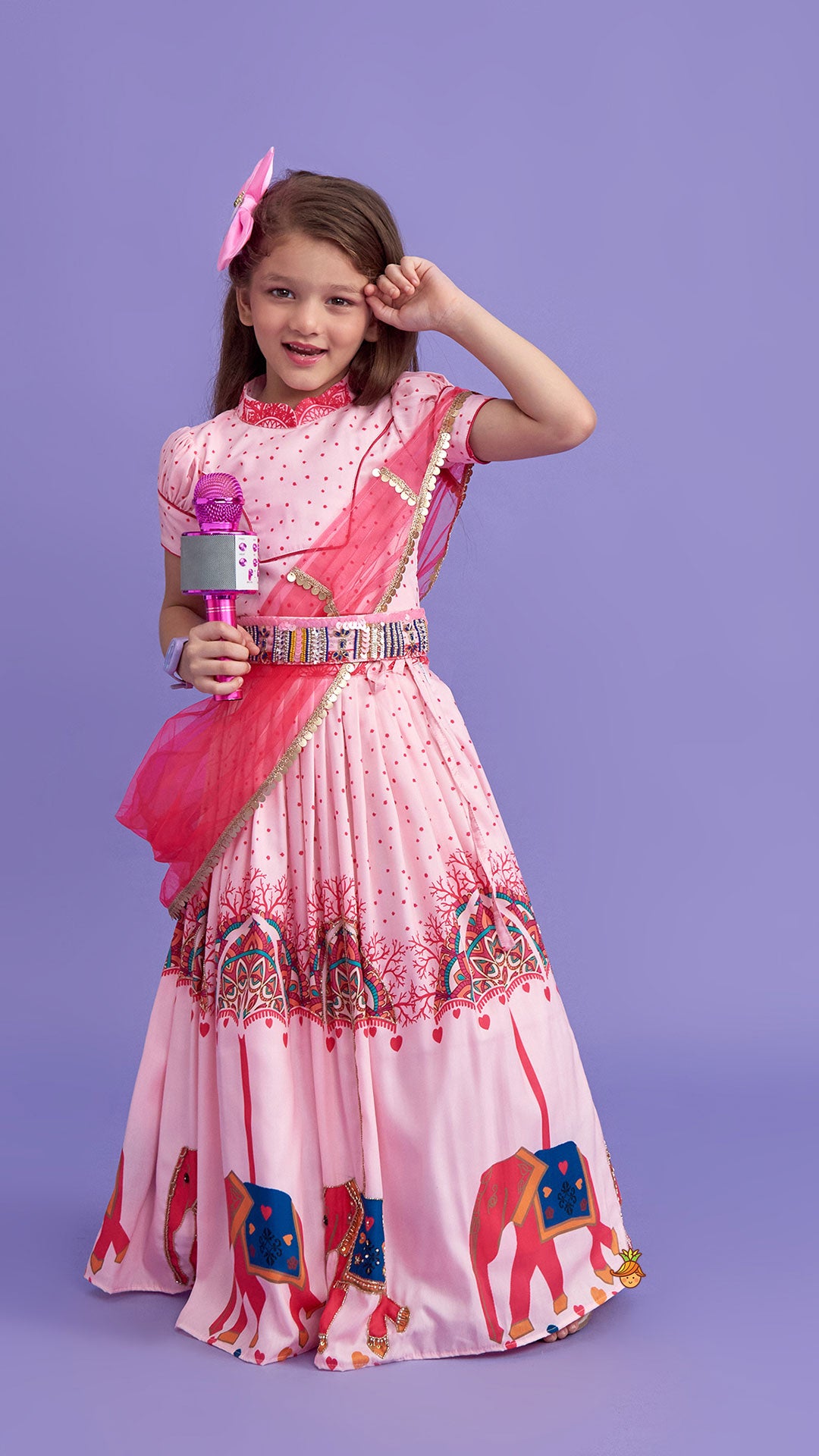 Pre Order: Ethnic Pink Top With Drape And Cut Dana Detailed Lehenga With Belt