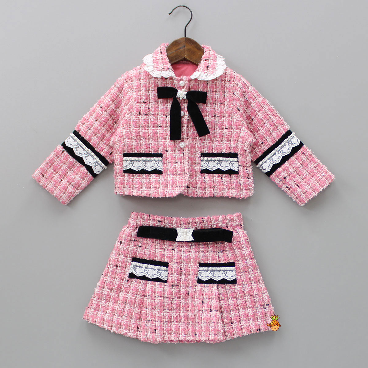 Pre Order: Pretty Pink Tweed Shirt Style Top And Skirt
