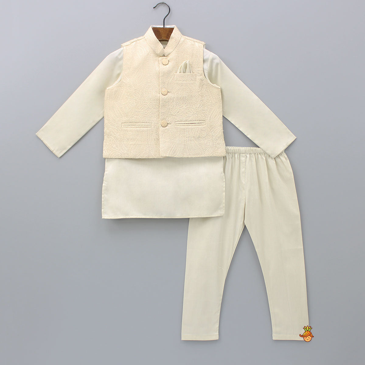 Cream Kurta With Embroidered Jacket And Pyjama