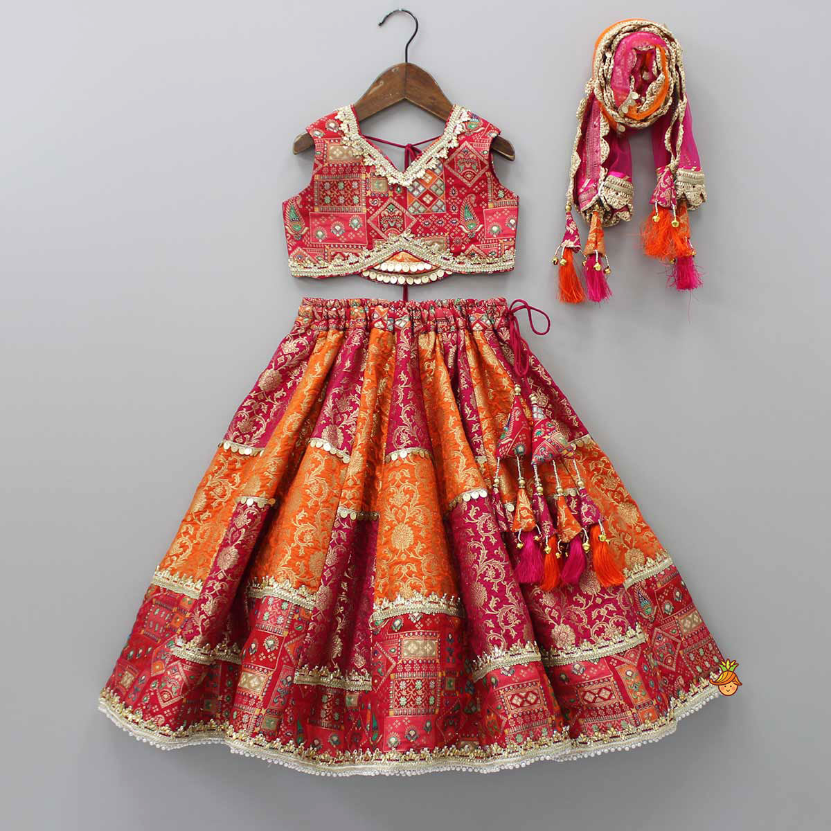 Pre Order: Stylish Brocade Multicolour Top And Lehenga With Net Dupatta