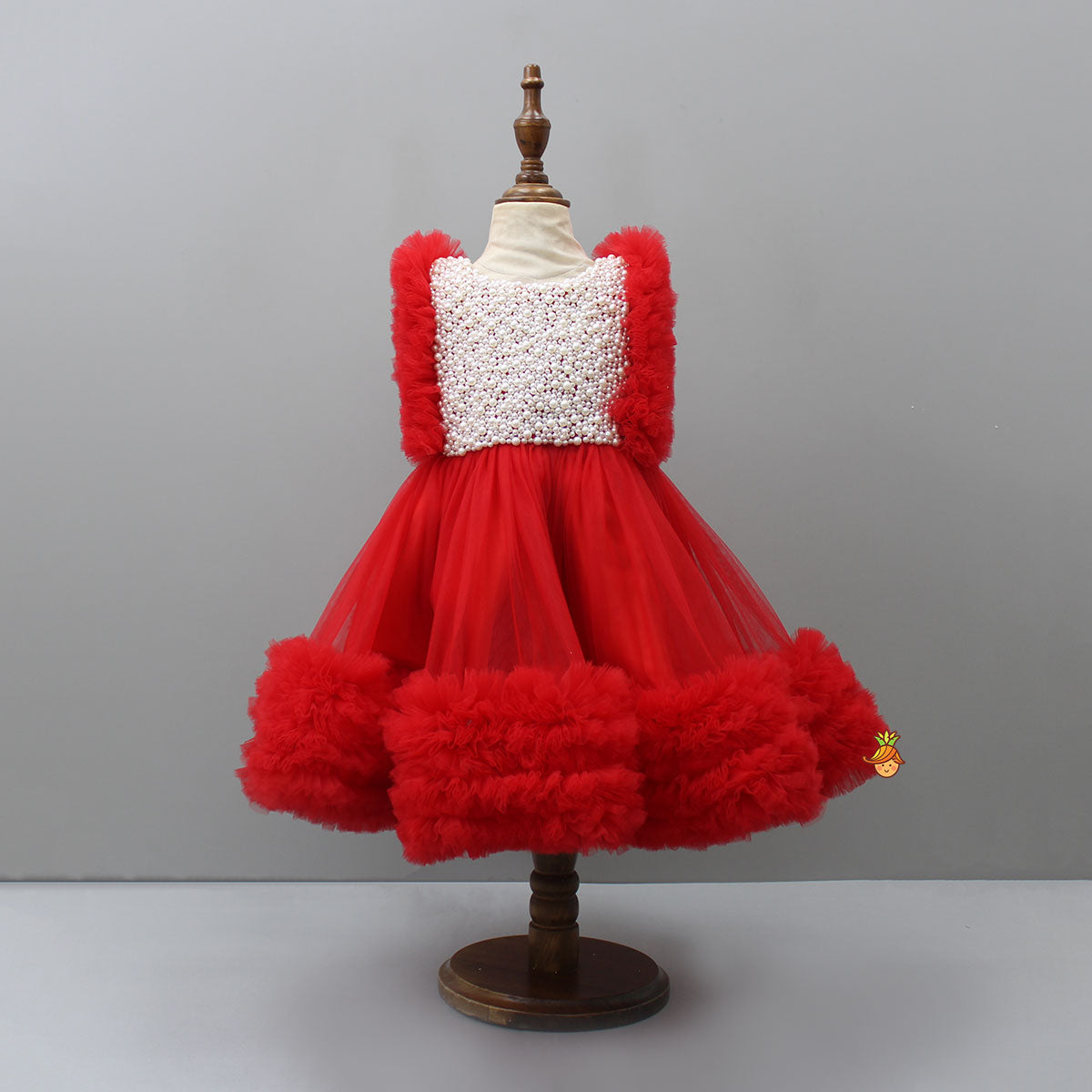 Pre Order: Glamorous Red Frilled Dress With Detachable Trail And Head Band